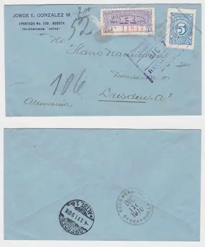 72544 Einschreiben Brief von Bogota Kolumbien nach Dresden 1911