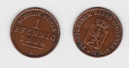 1 Pfennig Kupfer Münze Reuss-Schleiz Jüngere Linie 1864 A f.vz (151199)