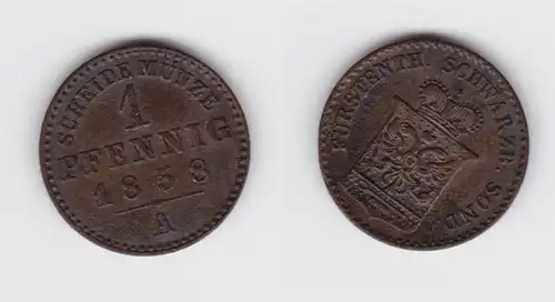 1 Pfennig Kupfer Münze Schwarzburg-Sondershausen 1858 A ss+ (151031)