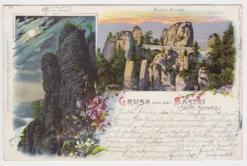 900237 Lithographie Ak Gruss von der Bastei sächs. Schweiz 1898