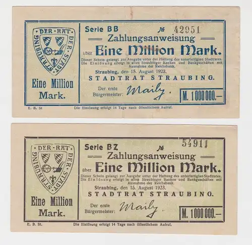 2x 1 Million Mark Banknote Inflation Notgeld Stadtrat Straubing 1923 (137252)