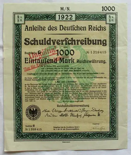 1000 Mark Aktie Schuldenverschreibung deutsches Reich Berlin 01.08.1922 (135918)