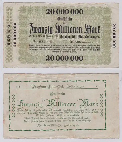 20 Millionen Mark Banknote Gerthe i.W. Bergbau AG Lothringen 20.8.1923 (126544)