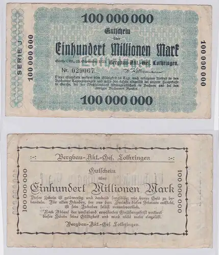 100 Millionen Mark Banknote Gerthe i.W. Bergbau AG Lothringen 22.9.1923 (126638)