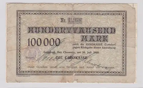 100000 Mark Banknote Inflation Gersdorf Bezirk Chemnitz 26.7.1923 (125949)