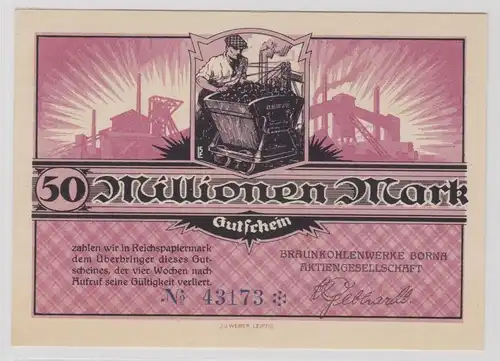 50 Millionen Mark Banknote Braunkohlenwerke Borna um 1923 (137432)