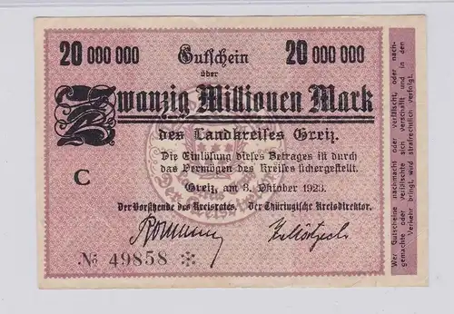 20 Millionen Mark Banknote Inflation Landkreis Greiz 3.10.1923 (126300)