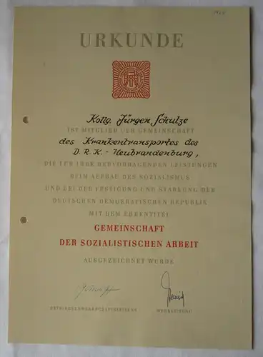 DDR Urkunde Gemeinschaft der sozialistischen Arbeit DRK Neubrandenburg (146251)