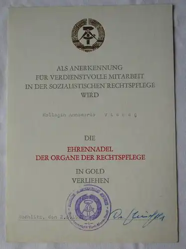 DDR Urkunde Ehrennadel der Organe der Rechtspflege in Bronze 1986 (141759)