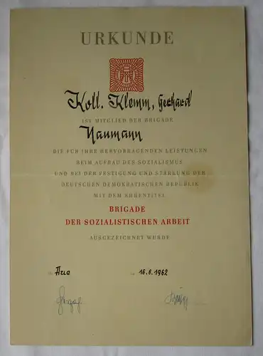 DDR Urkunde Brigade der sozialistischen Arbeit Brigade Naumann Aue 1962 (143360)