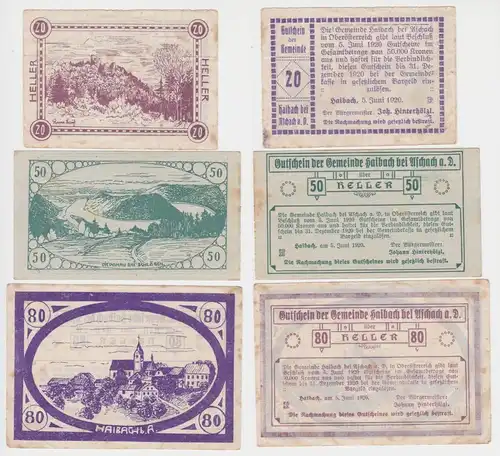 20,50 und 80 Heller Banknoten Notgeld Gemeinde Haibach bei Aschach 1920 (154687)