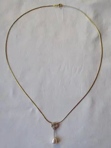 hochwertige Damenhalskette 333er Gold mit Diamant Anhänger mit Perle  (160635)
