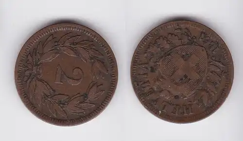 2 Rappen Kupfer Münze Schweiz 1851 A f.ss (162275)
