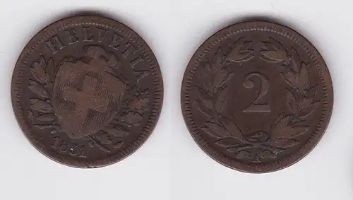 2 Rappen Kupfer Münze Schweiz 1851 A s/ss (162357)