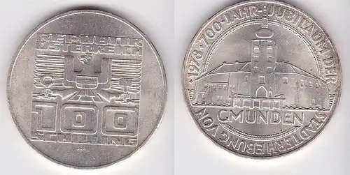 100 Schilling Silber Münze Österreich 1978 700 Jahre Stadt Gmunden (159564)