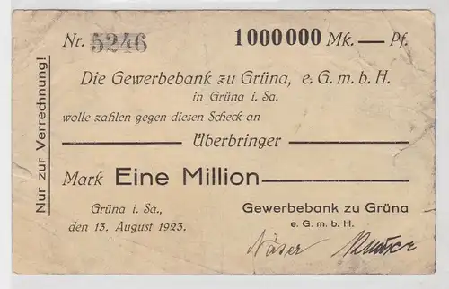 1 Million Mark Banknote Gewerbebank zu Grüna 13.8.1923 (142503)