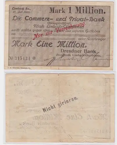 1 Million Mark Banknote Commerz & Privatbank Limbach 27.7.1923 (121505)