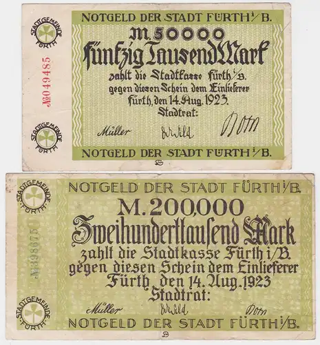 50 & 200 Tausend Mark Banknoten Stadt Fürth i.B. 14.8.1923 (120488)