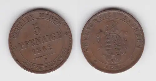 5 Pfennig Kupfer Münze Sachsen 1862 B (142922)