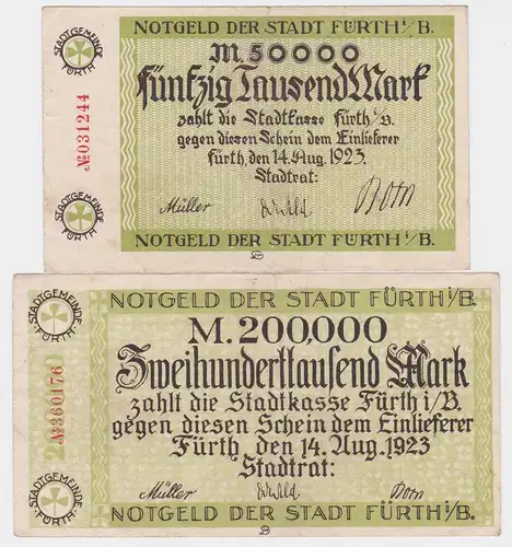 50 & 200 Tausend Mark Banknoten Stadt Fürth i.B. 14.8.1923 (120534)