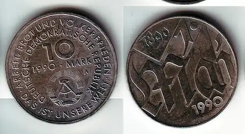 DDR Gedenk Münze 10 Mark 100.Jahre 1.Mai Feiertag 1990 (113938)