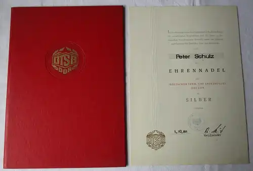 DDR Urkunde Ehrennadel des Deutschen Turn- und Sportbundes Silber 1988 (165086)
