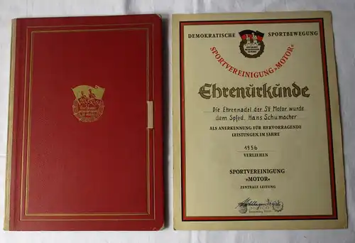 DDR Urkunde Ehrennadel der Sportvereinigung SV Motor Rostock 1956 (164868)