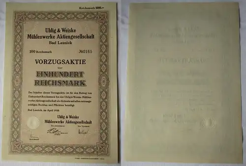 100 Mark Aktie Uhlig & Weiske Mühlenwerke AG Bad Lausick April 1938 (135885)