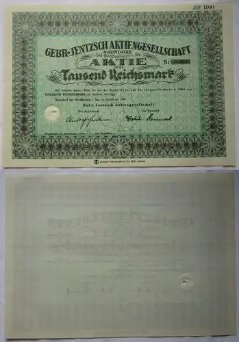 1000 RM Aktie Gebr. Jentzsch Ag Naundorf bei Großenhain Dezember 1941 (133700)