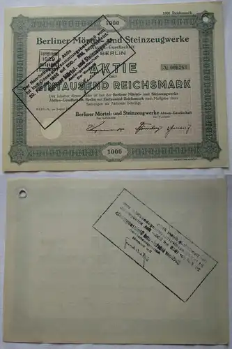 1000 RM Aktie Berliner Mörtel- & Steinzeugwerke Berlin im August 1928 (136553)
