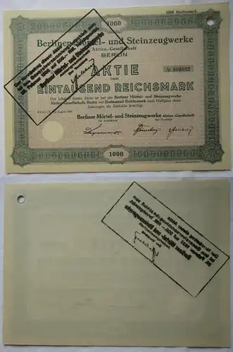 1000 RM Aktie Berliner Mörtel- & Steinzeugwerke Berlin im August 1928 (135497)