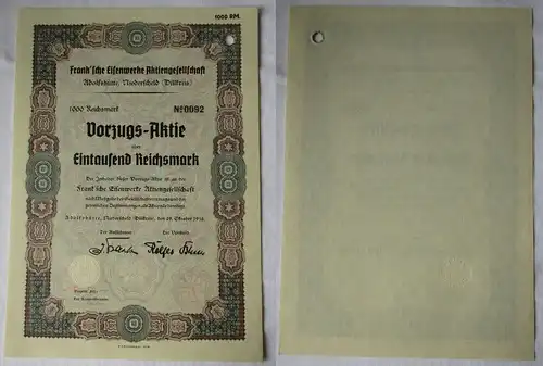 1000 RM Aktie Frank´sche Eisenwerke AG Adolfshütte Niederscheld 1936 (138115)