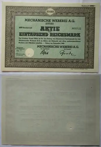1000 RM Aktie Mechanische Weberei AG Zittau Dezember 1940 (135076)