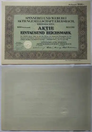 1000 RM Aktie Spinnerei & Weberei AG Ebersbach Sachsen 16.Juni 1942 (139289)