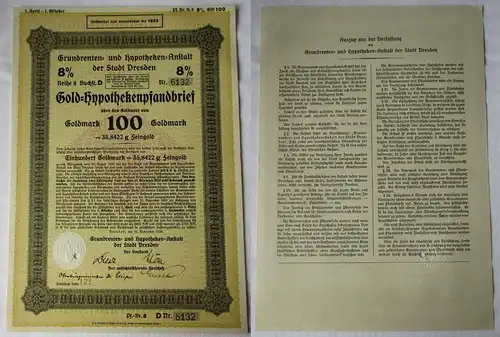 100 Goldmark Pfandbrief Grundrenten & Hypotheken-Anstalt Dresden 1928 (134083)