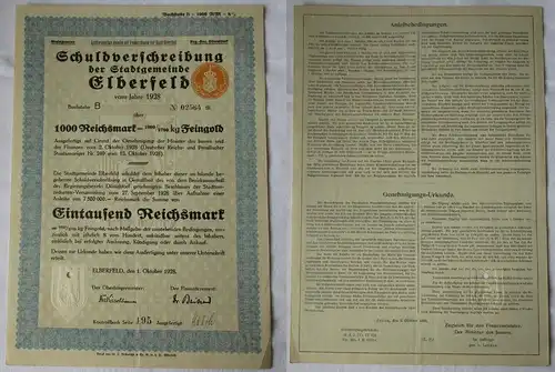 1000 RM Schuldverschreibung Stadtgemeinde Elberfeld 1. Oktober 1928 (130306)