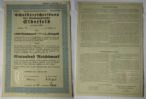 1000 RM Schuldverschreibung Stadtgemeinde Elberfeld 1. Oktober 1928 (138731)