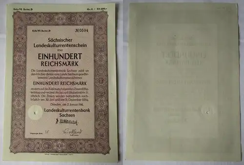 100 RM Aktie Landeskulturentenbank Sachsen Dresden 2.1.1941 (137075)