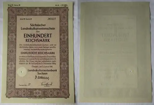 100 RM Aktie Landeskulturentenbank Sachsen Dresden 2.1.1941 (131369)