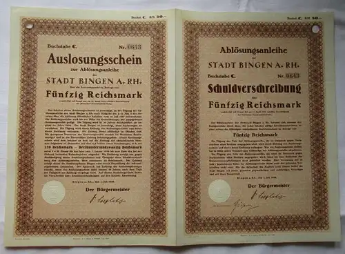 50 Reichsmark Ablösungsanleihe der Stadt Bingen 1.Juli 1929 (164846)