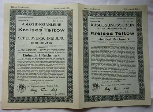 100 RM Auslosungsschein Ablösungsanleihe Kreis Teltow 24.5.1927 (165001)