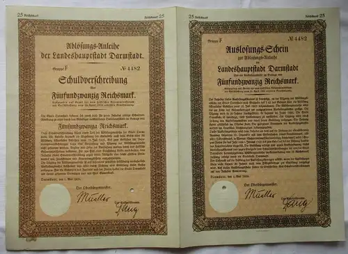 50 Reichsmark Auslosungsschein Landeshauptstadt Darmstadt 1. Mai 1929 (162604)