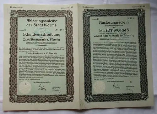 12,50 Reichsmark Auslosungsschein Stadt Worms 21.09.1929 (164806)
