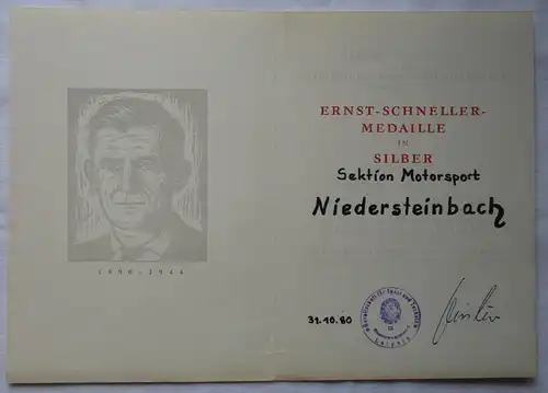 DDR Urkunde Ernst-Schneller-Medaille Silber Sektion Motorsport 1980 (142238)