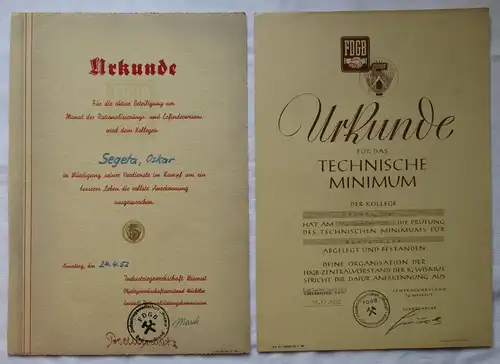 2x DDR Urkunde IG Wismut + Technisches Minimum Karl-Marx-Stadt 1953 (149374)