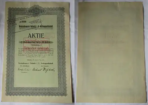 rare 1000 Mark Aktie Vereinsbrauerei Oelsnitz i.V. 22.Mai 1922 (130081)