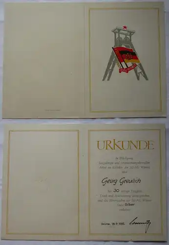DDR Urkunde Ehrenzeichen der SDAG Wismut Silber Grüna 1982 (141740)