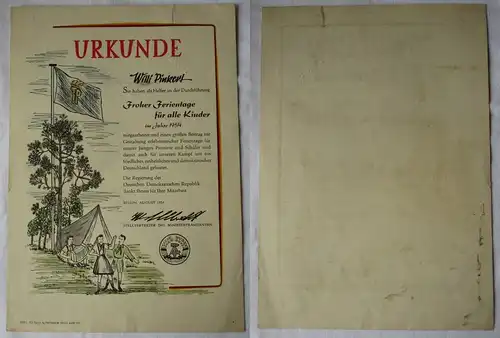 DDR Urkunde Durchführung Froher Ferientage für alle Kinder Berlin 1954 (164795)