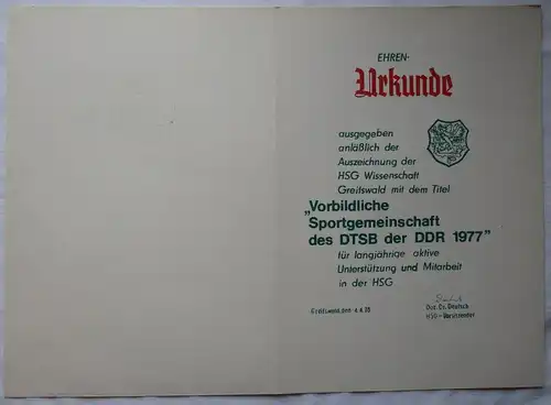 DDR Urkunde Vorbildliche Sportgemeinschaft des DTSB 1977 HSG Greifswald (165005)