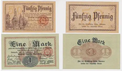 50 Pf, 1 Mark Banknote Fürstlich Lippische Regierung Detmold 13.11.1918 (162046)